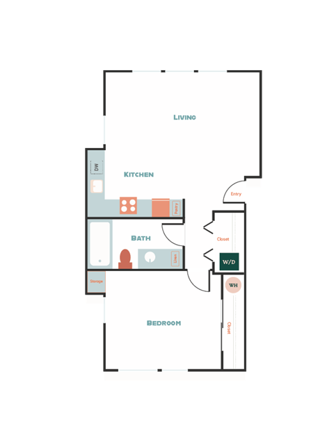 Floor plan for 1 bed, 1 bath, 610 sqft